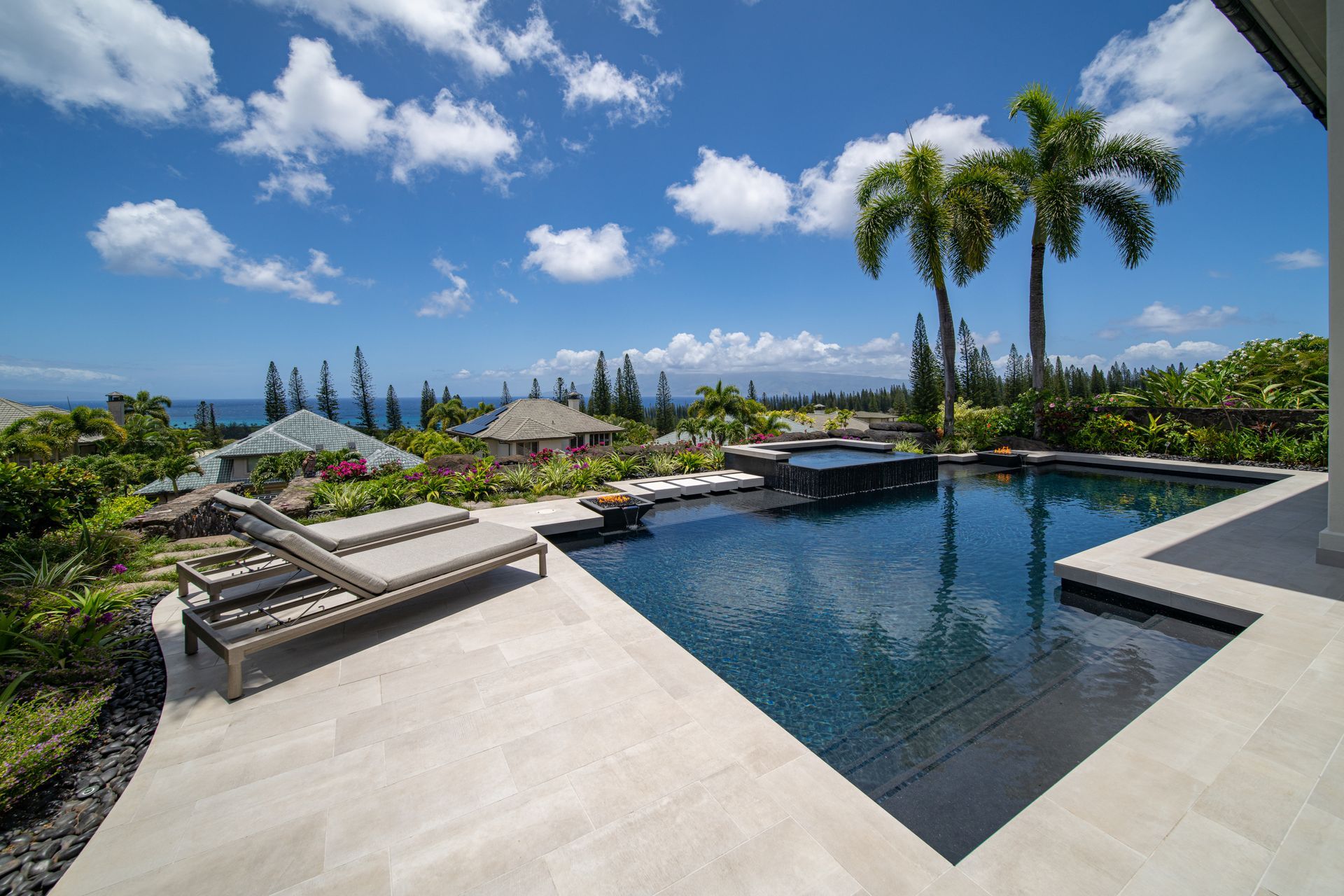 A large swimming pool with a view of the ocean and palm trees