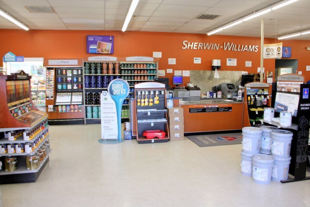 The interior of a sherwin-williams paint store