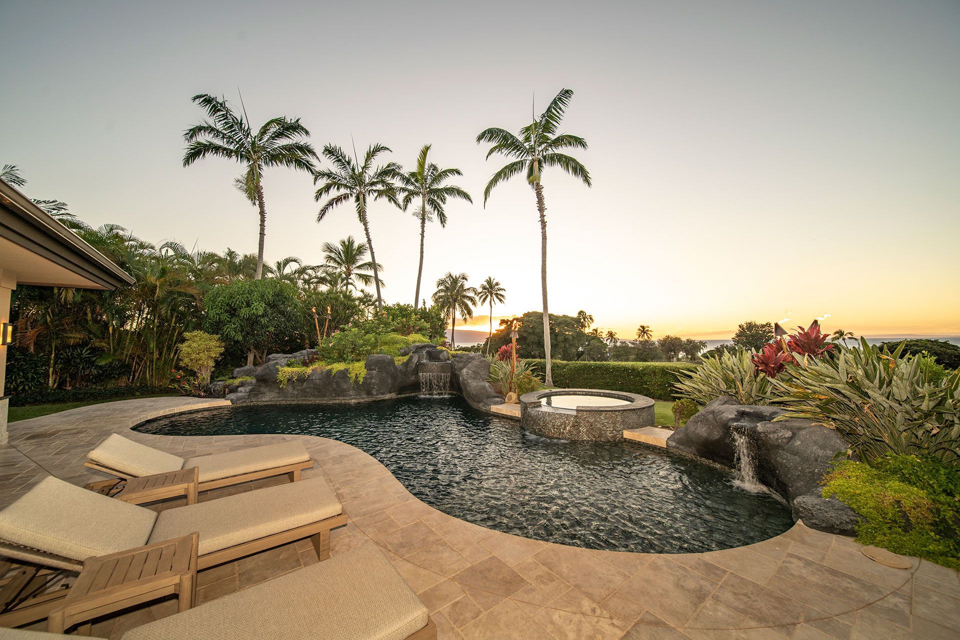 A large swimming pool with palm trees in the background