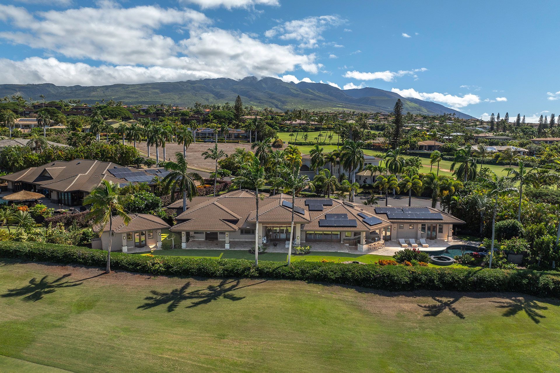 An aerial view of a large house surrounded by palm trees