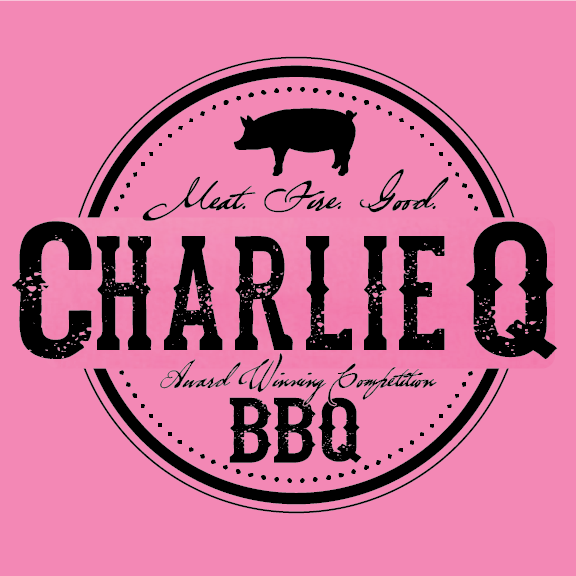 A pink and black logo for charlie q bbq