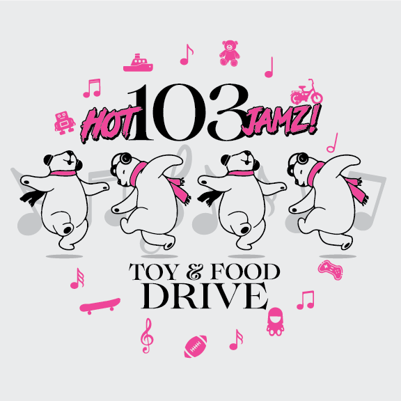 A poster for the 103 jamz toy and food drive