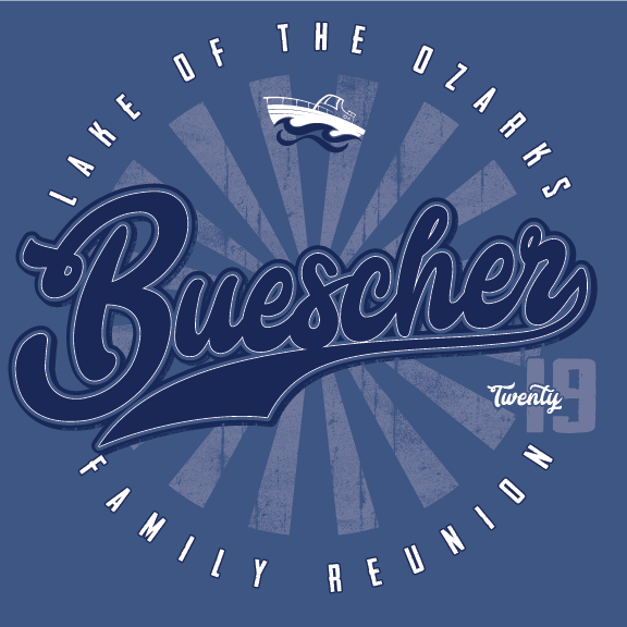 A blue shirt that says lake of the ozarks buescher family reunion