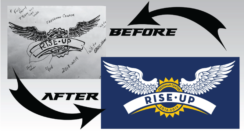 A before and after picture of a rise up logo