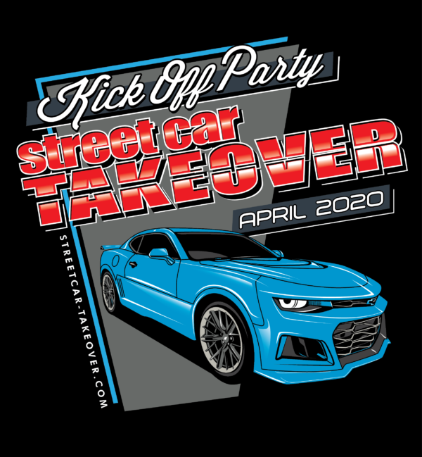 A blue car is on a black shirt that says kick off party street car takeover april 2020