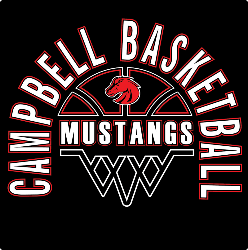 A logo for the campbell bell mustangs basketball team