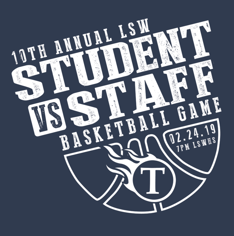 A logo for the 10th annual lsw student staff vs staff basketball game
