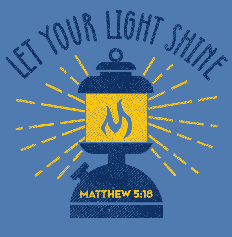 A blue shirt with a lantern and the words let your light shine