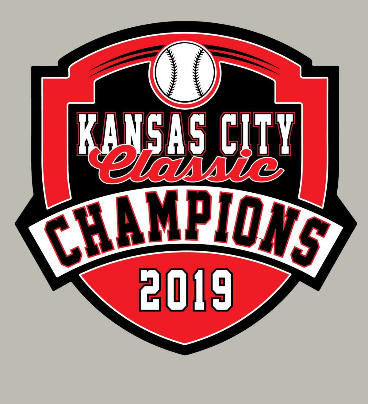 A logo for kansas city classic champions 2019 with a baseball on it.