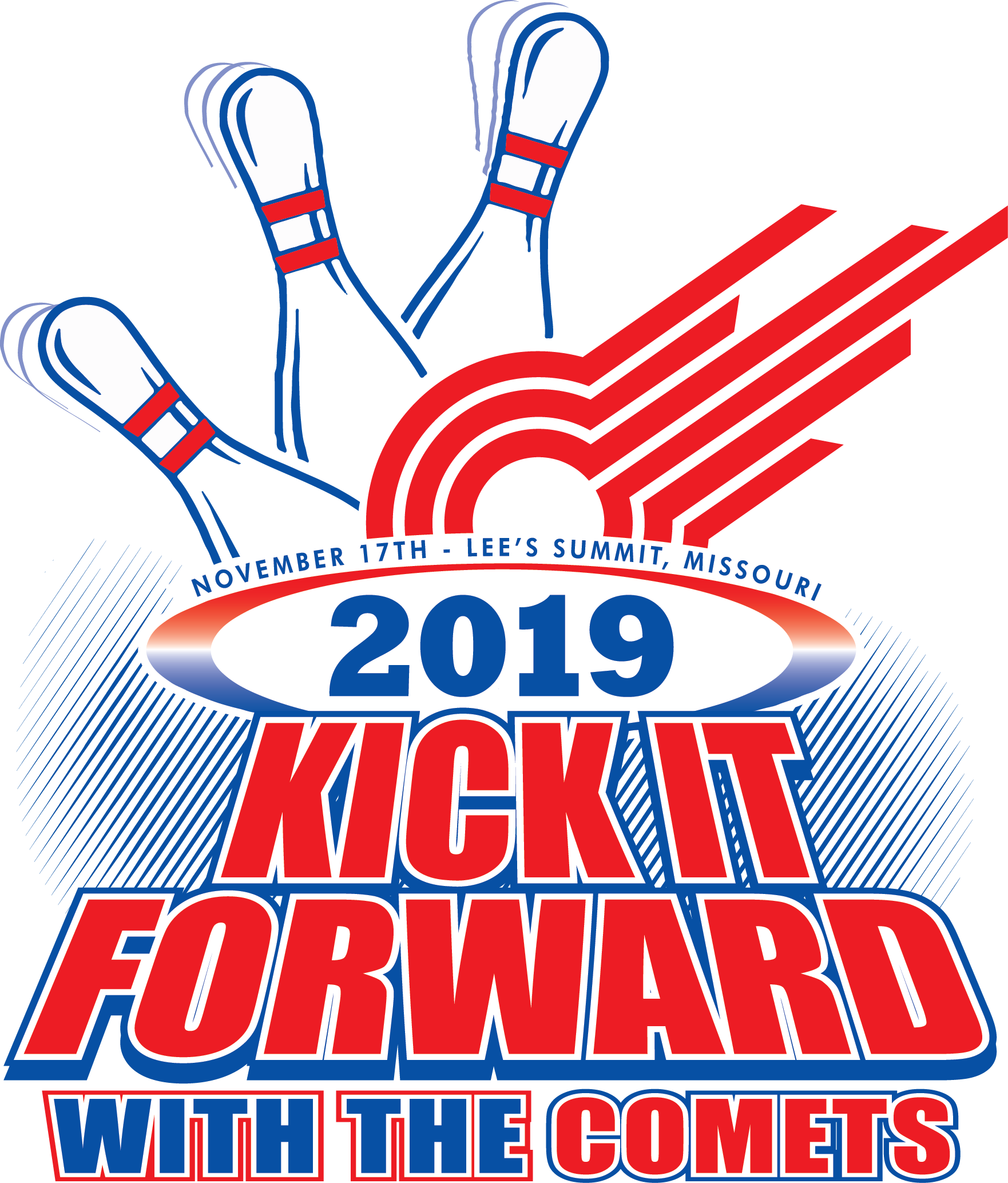 A logo for kick it forward with the comets in 2019