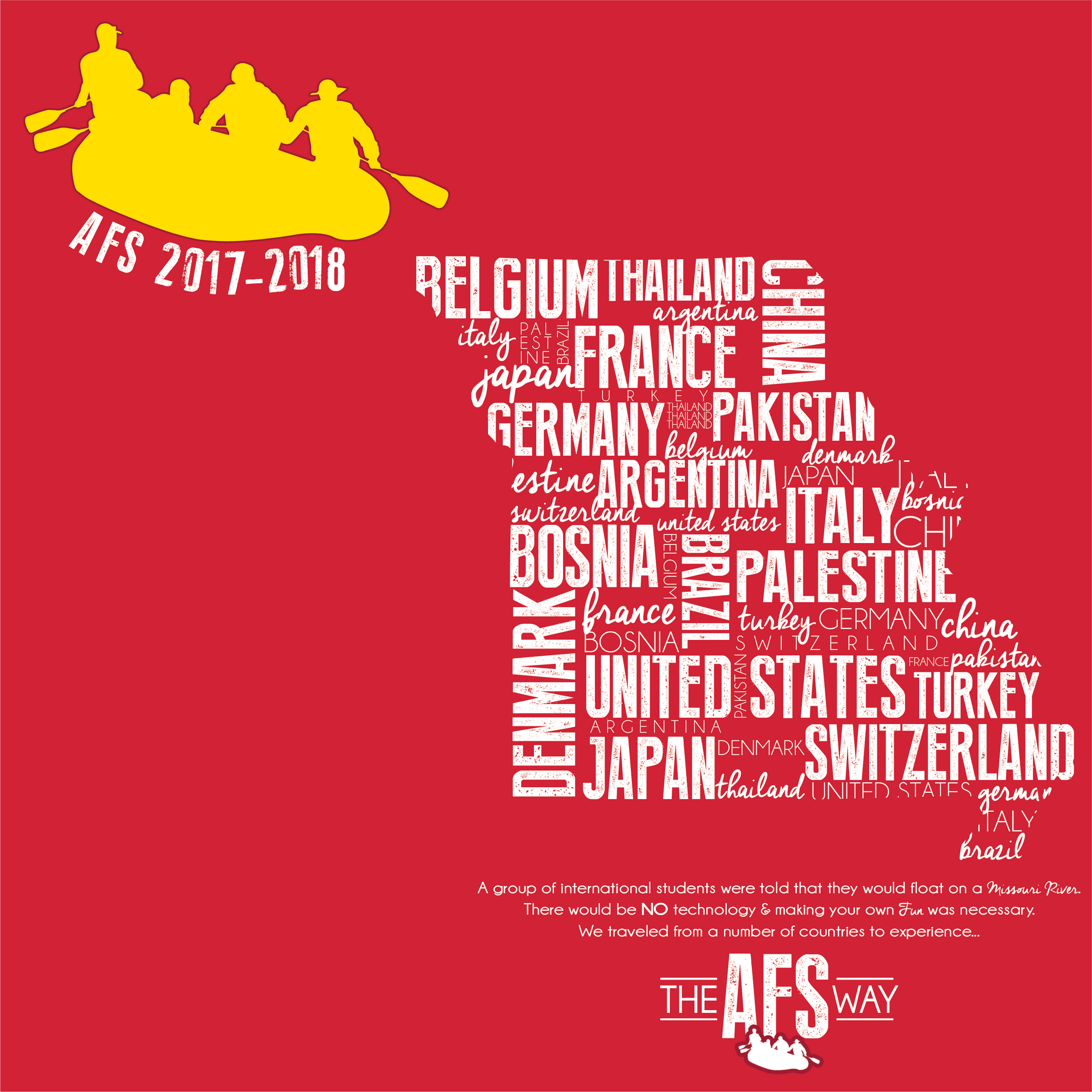 A poster for the afs way shows a group of people in a raft