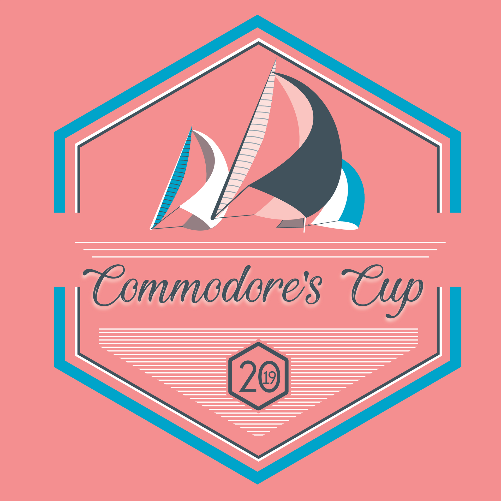 A logo for the commodore 's cup with sailboats on a pink background