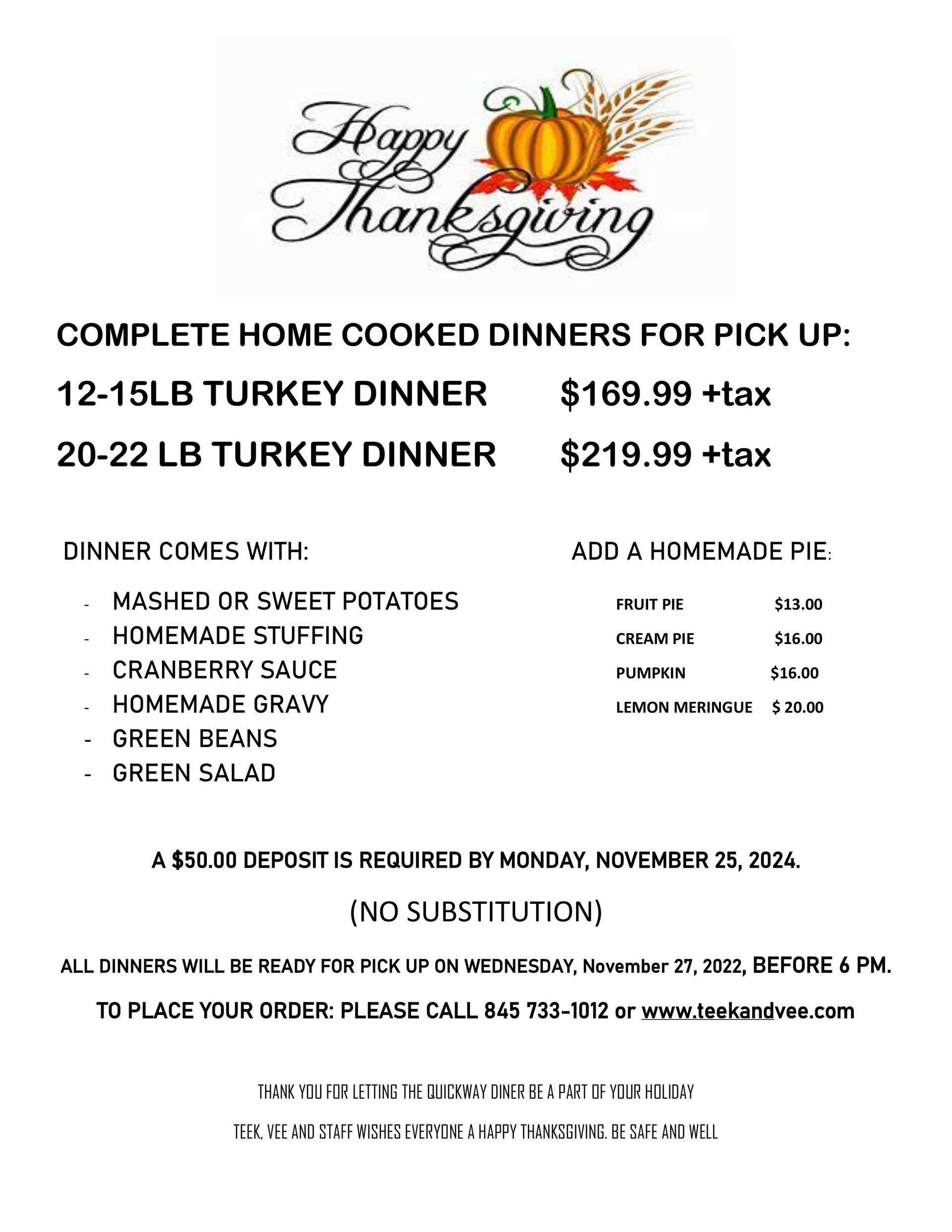 Quickway Diner - Thanksgiving 2022 flyer