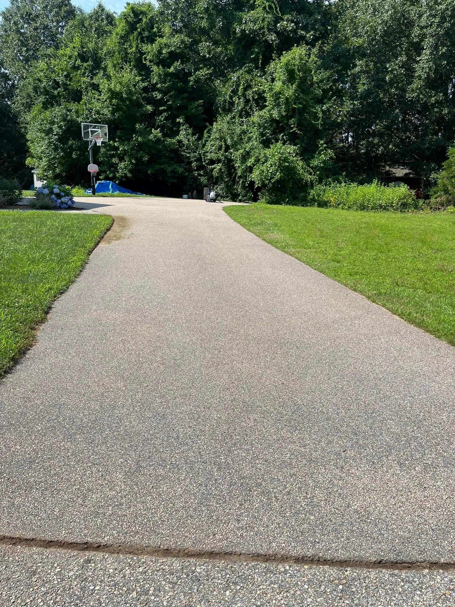 A textured concrete driveway leading toward a basketball hoop and dense green trees in a sunny residential yard.