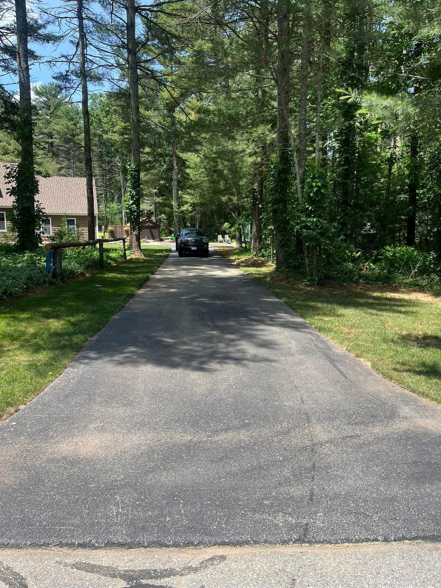 A long asphalt driveway leads through a tree-lined yard toward a house and a parked car under sunny, bright skies.