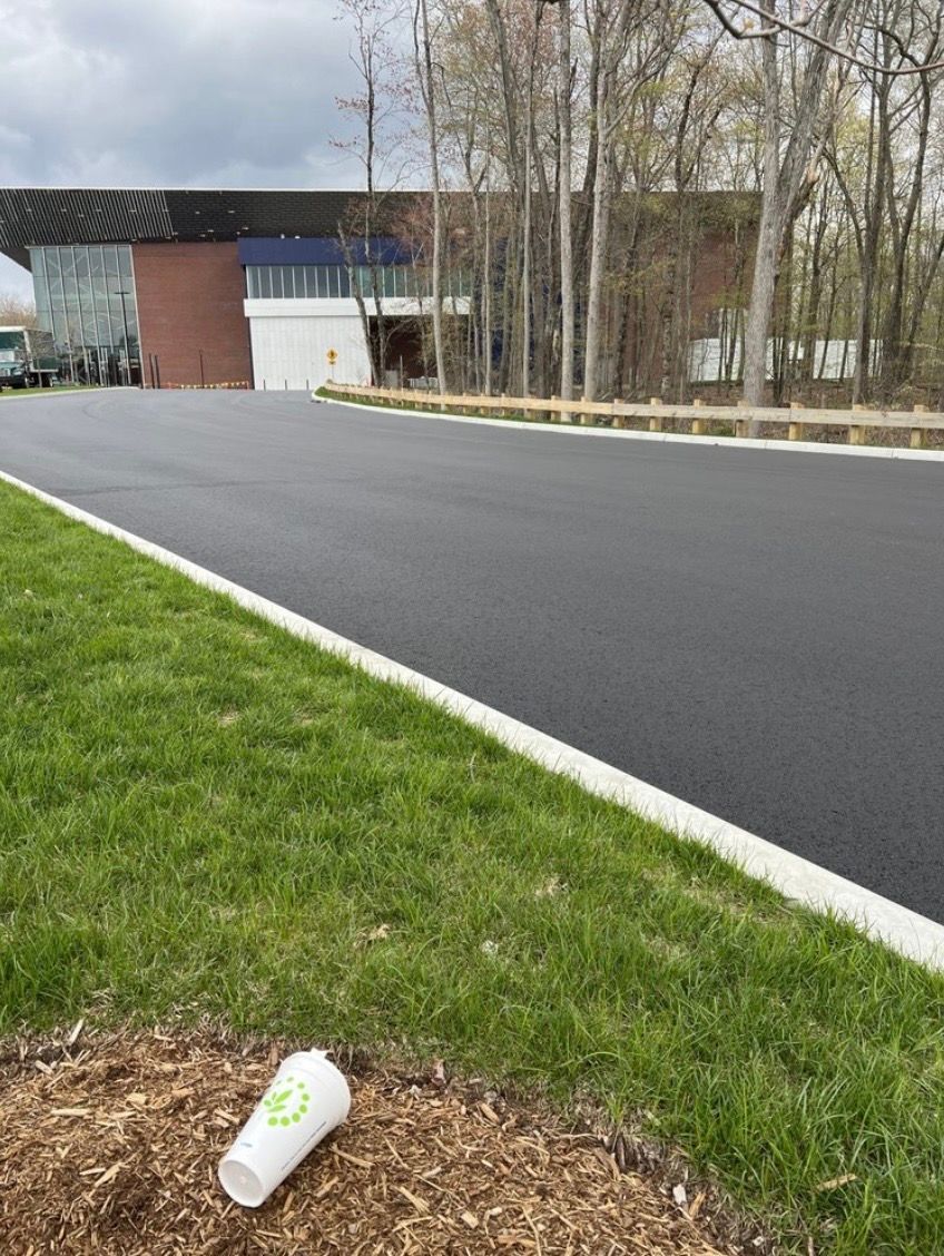 A discarded white cup lies on mulch beside a strip of grass and a paved driveway leading to a modern building.