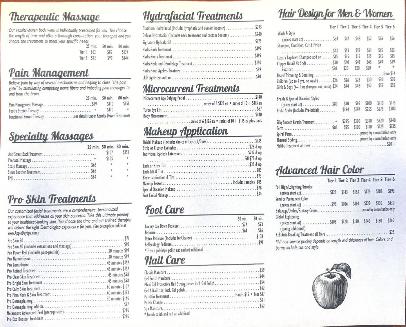 Apple Day Spa & Salon menu 