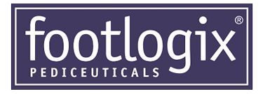 Logo for Footlogix Pediceuticals in white text on a navy blue rectangle with a white border.