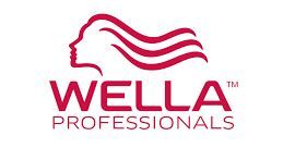 Wella Professionals logo with a red silhouette of a woman's profile and wavy hair. Text in red: WELLA PROFESSIONALS.