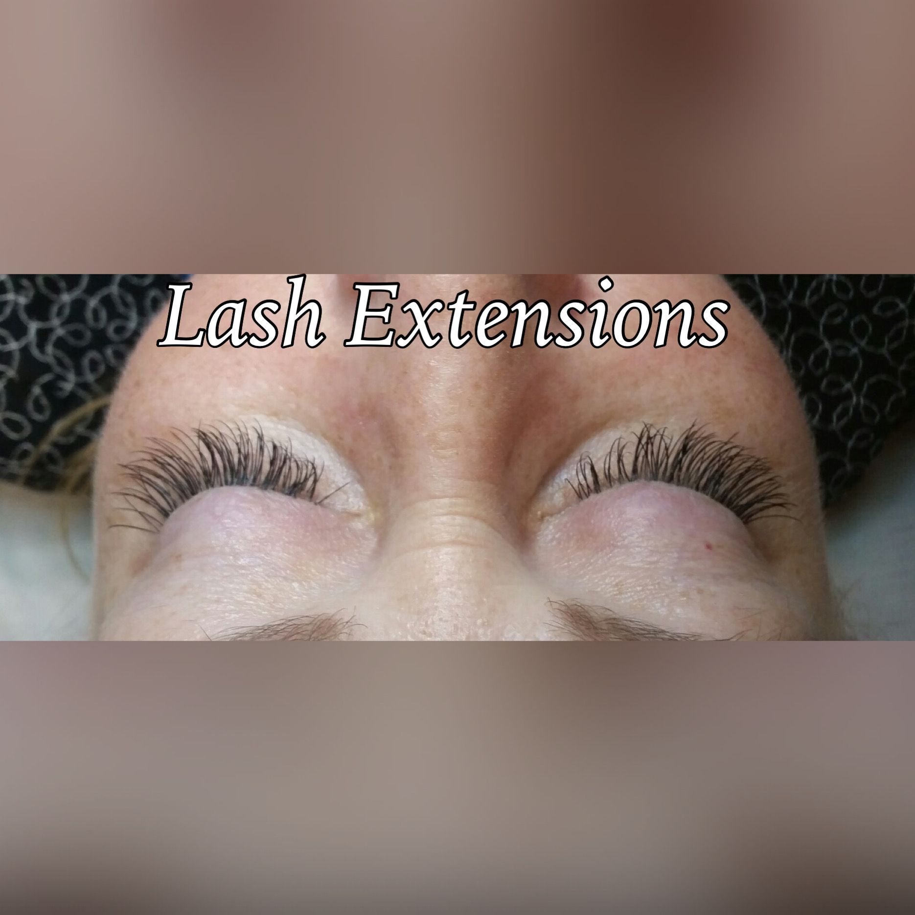 Close-up of closed eyes with long lash extensions and the text “Lash Extensions”