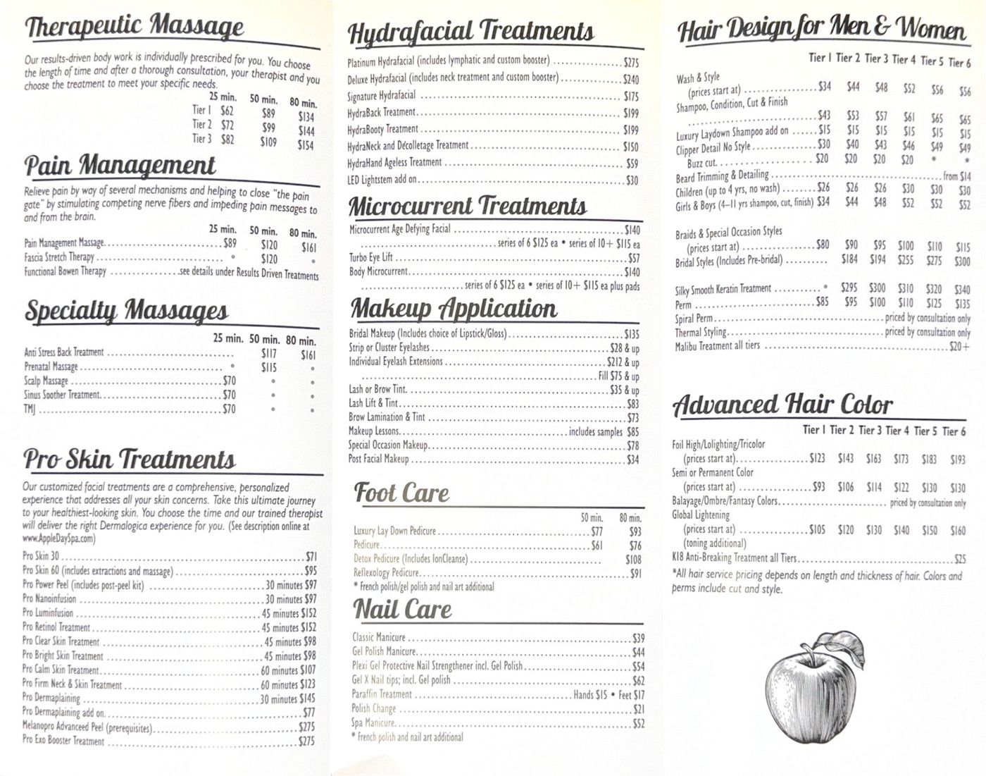 Black-and-white menu listing massage, facials, pedicures, waxing, and hair services with prices