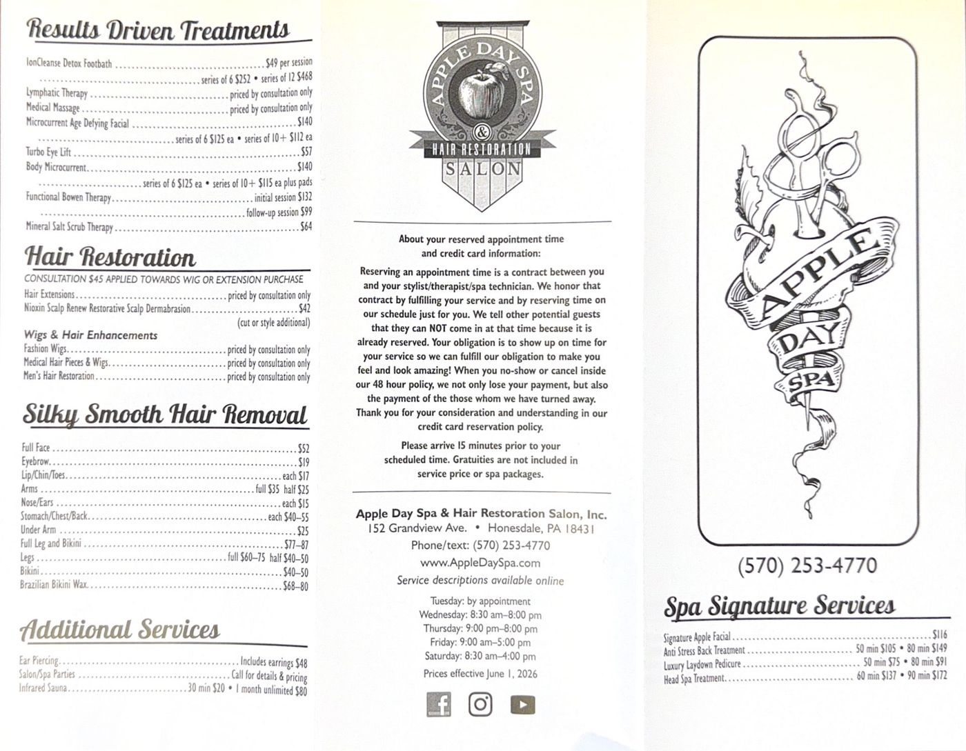 Black-and-white salon flyer with beauty services, a central logo, and an apple illustration with phone number.