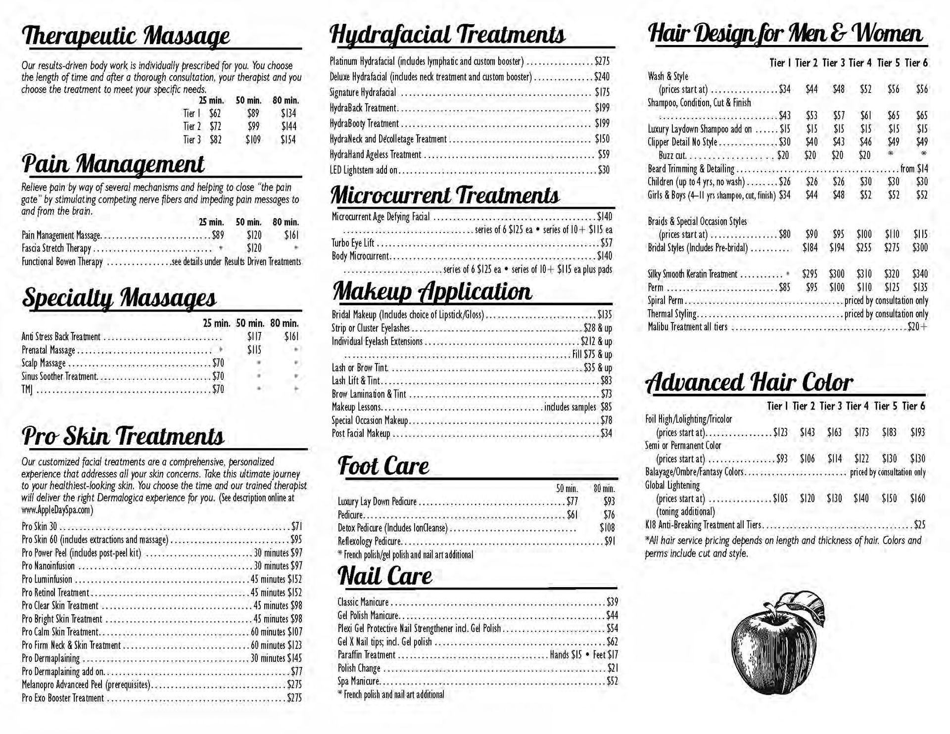 Apple Day Spa & Salon menu 
