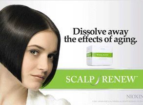 Hair product ad with woman’s face, green banner, and text: “Dissolve away the effects of aging.”