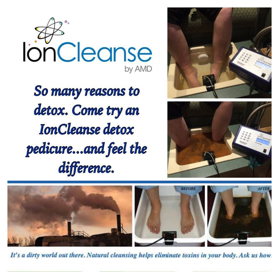 IonCleanse detox pedicure ad with feet in a spa machine and pollution, promoting cleansing.