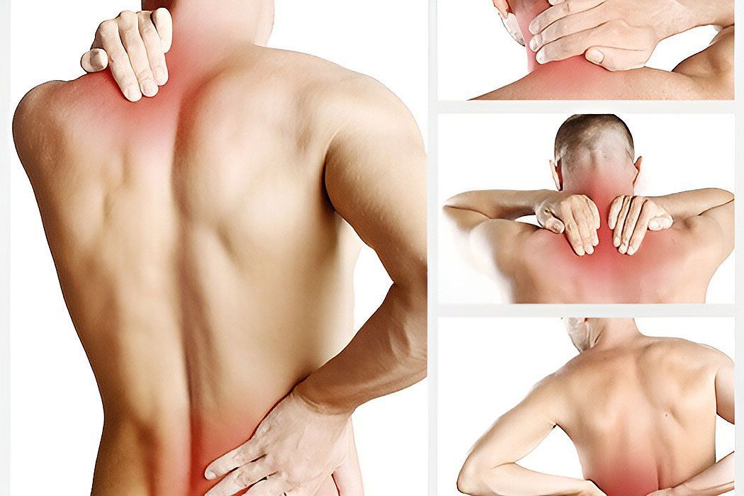 Man with back pain, shoulders, and neck highlighted red