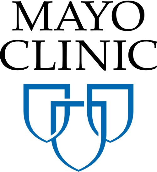 Mayo Clinic logo: Black text over three blue overlapping shields.
