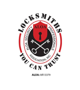 ALOA locksmiths logo: black-and-red circular emblem with tools, “You Can Trust,” and ALOA #313379