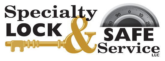 Specialty Lock & Safe Service logo with gold key and safe dial graphic