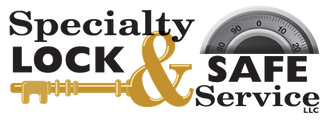 Specialty Lock & Safe Service logo with gold key and safe dial graphic
