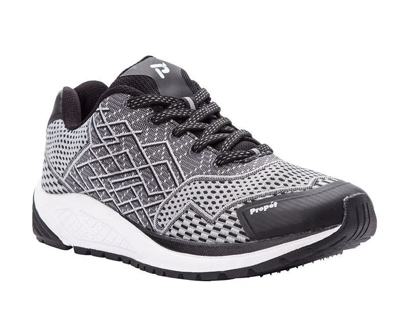 Gray and black athletic running shoe with white sole, shown on a white background
