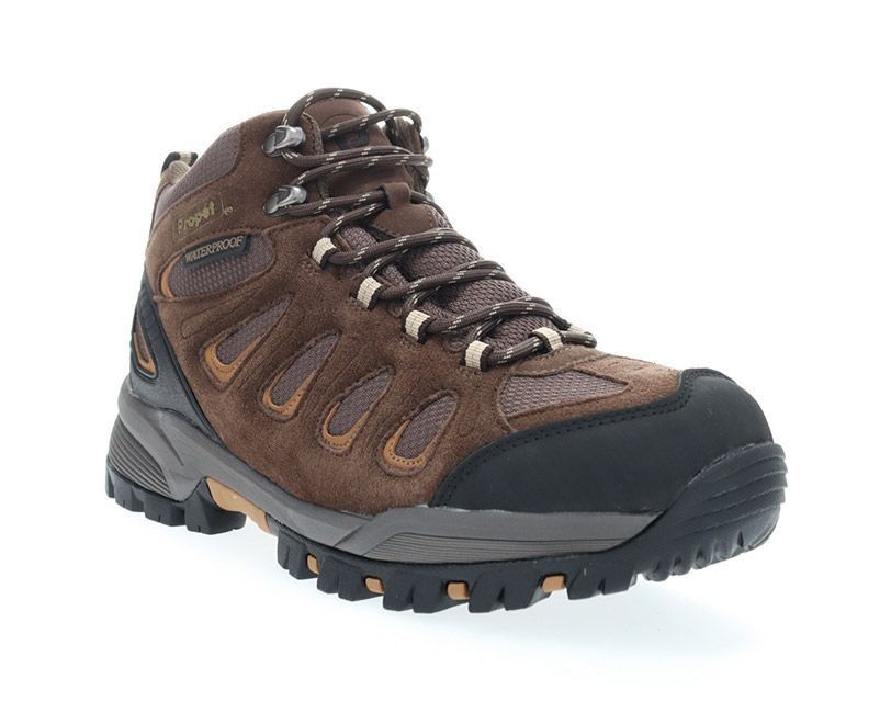 Brown hiking boot with black toe cap, gray sole, and tan laces on white background