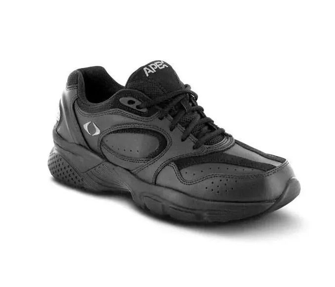 Black athletic sneaker with laces and textured sole, shown on a white background