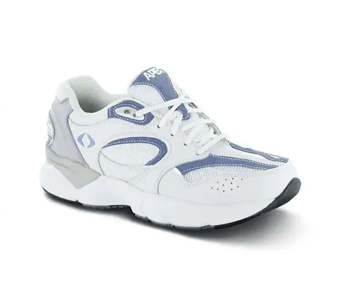 White and blue athletic sneaker on a white background