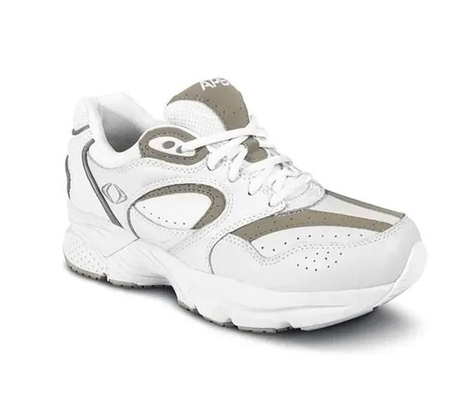White and gray athletic sneaker with mesh and perforated details on a white background