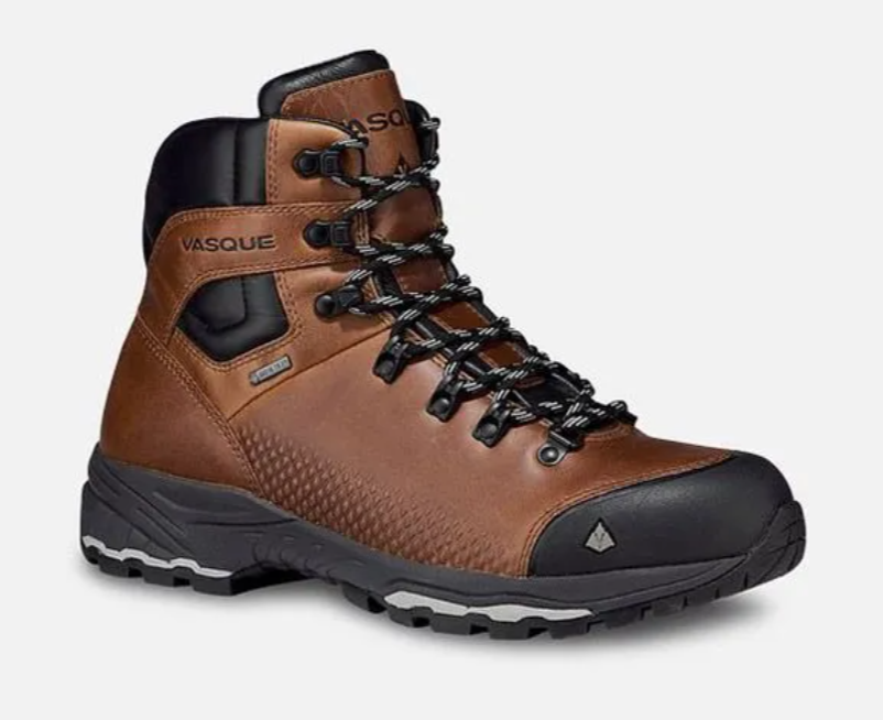 Brown and black hiking boot with black laces and rugged sole, shown on a white background