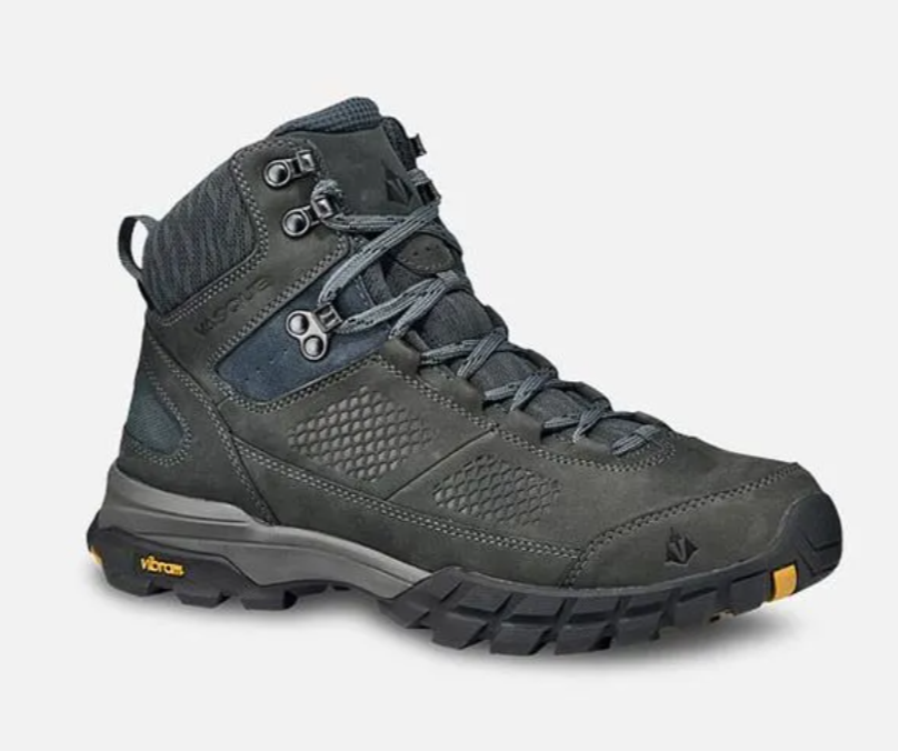 Black waterproof hiking boot with gray laces and rugged sole, shown side view on white background