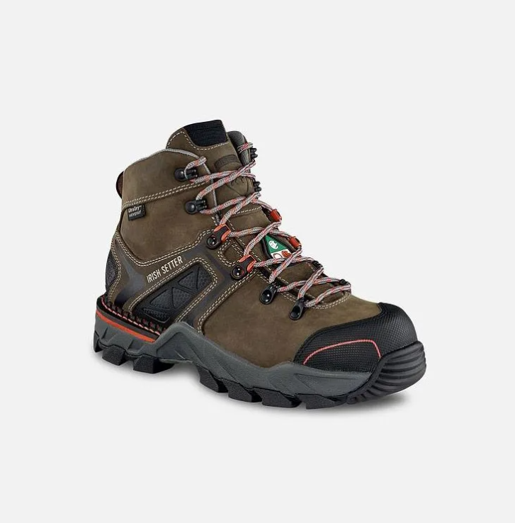 Brown and black hiking boot with red accents, shown in side view on a white background
