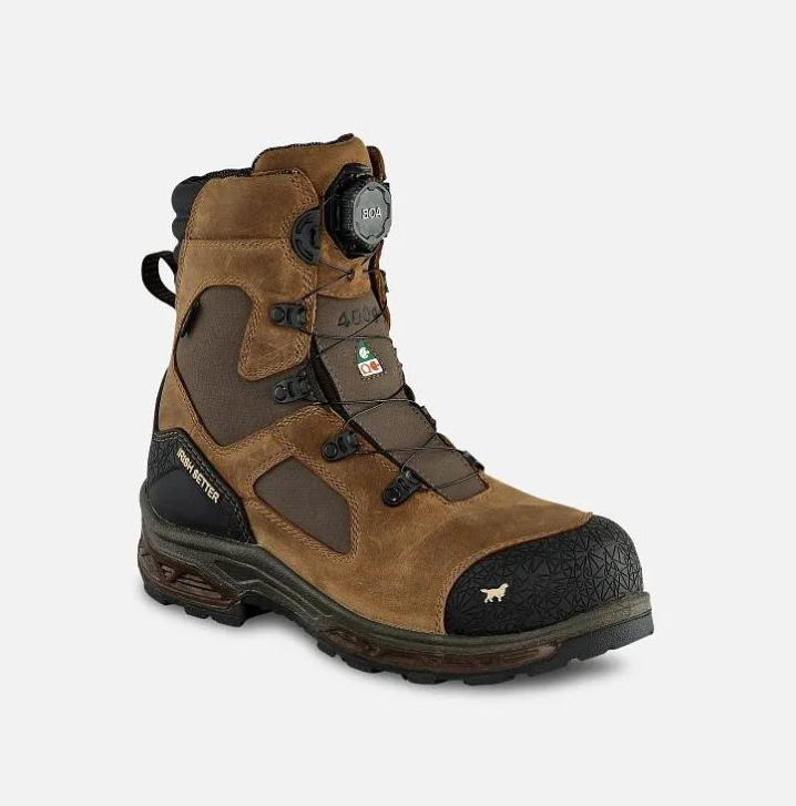 Brown and black hiking boot with laces and ankle support on a white background