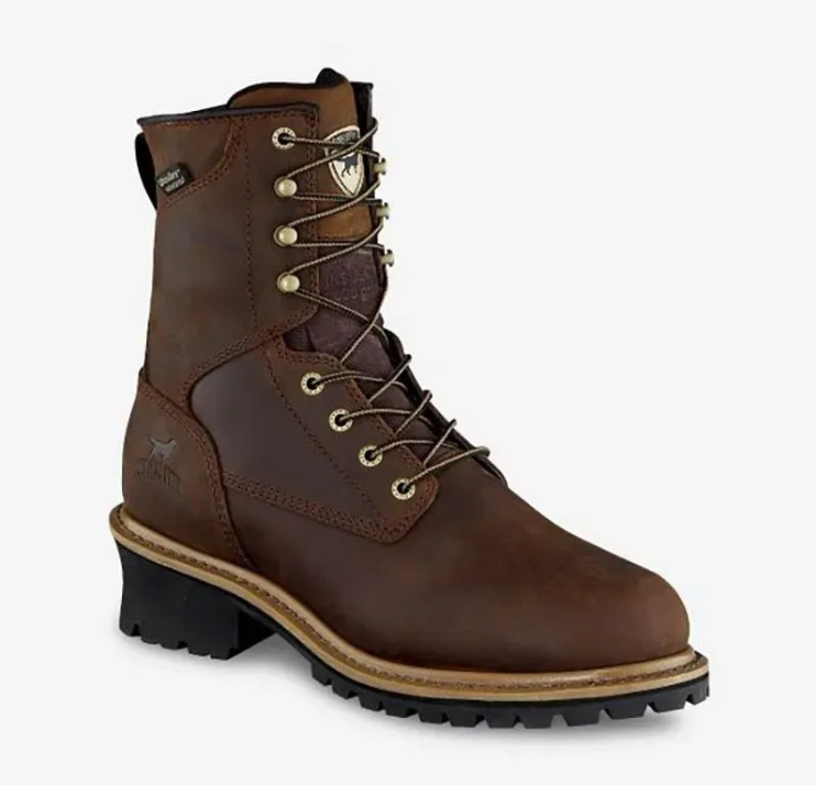 Brown lace-up leather work boot with black sole and heel on a white background