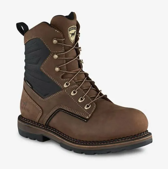 Brown and black work boot with laces and thick rubber sole, shown on white background