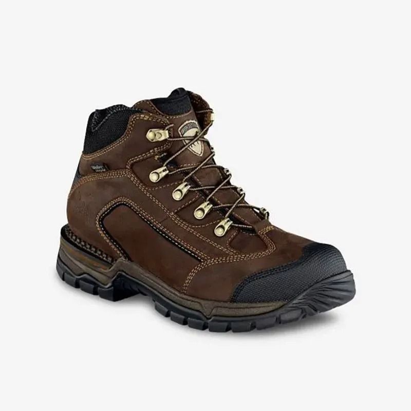 Brown leather hiking boot with black toe cap and rugged sole, shown on a white background