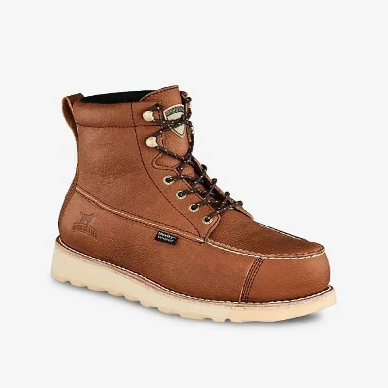 Brown leather work boot with white sole and black laces, shown on a white background
