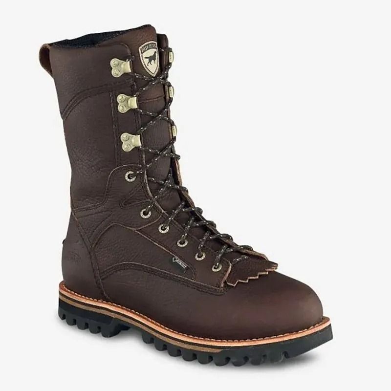 Brown lace-up hiking boot with black sole and tan trim