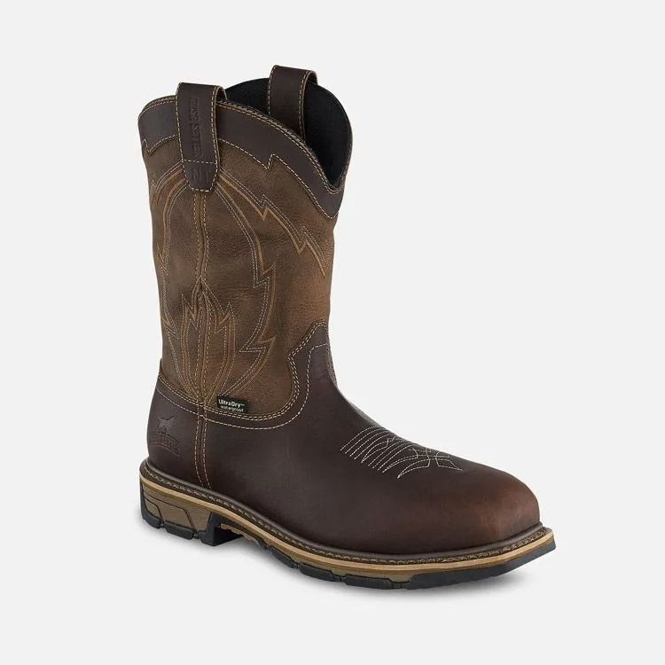 Brown leather cowboy boot with stitched shaft and tan sole on white background
