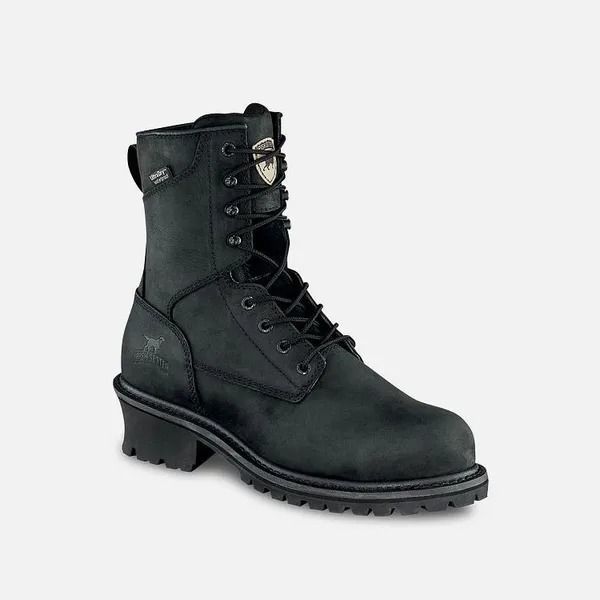 Black lace-up combat boot with thick sole and low heel on a light background